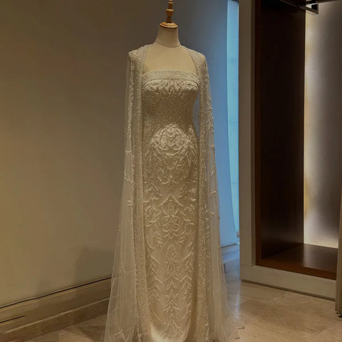Vestido de noche de lujo con capa larga de sirena blanca, estilo Dubái, Arabia Saudita, con abalorios, para ocasiones formales (2025, LA72870)