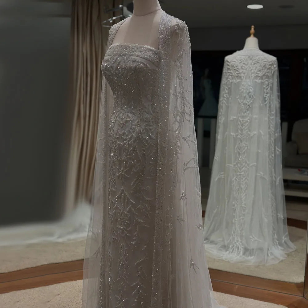 White Mermaid Long Cape Dubai Arabia Beading Luxury Evening Dresses Gowns For Formal Occasion 2025 LA72870
