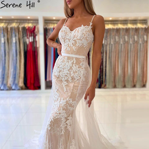 Vestido de noche blanco nude con tirantes finos, elegante vestido de sirena con encaje para mujer, fiesta LA60731A 