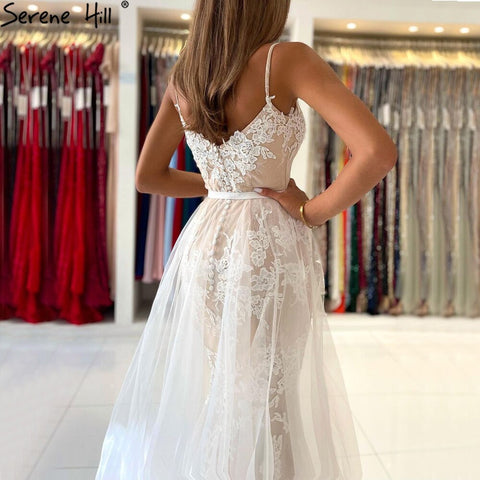 Vestido de noche blanco nude con tirantes finos, elegante vestido de sirena con encaje para mujer, fiesta LA60731A 
