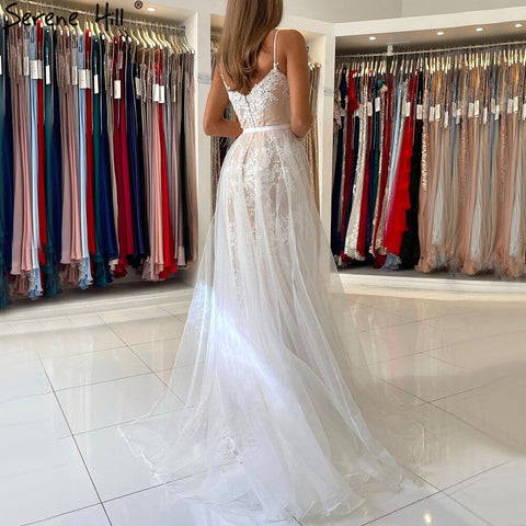 Vestido de noche blanco nude con tirantes finos, elegante vestido de sirena con encaje para mujer, fiesta LA60731A 