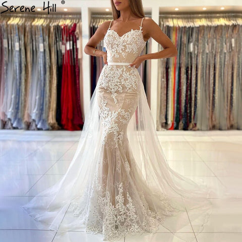 Vestido de noche blanco nude con tirantes finos, elegante vestido de sirena con encaje para mujer, fiesta LA60731A 