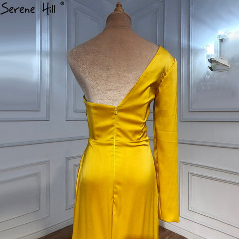 Vestido de noche blanco de un solo hombro, manga larga, satén, corte sirena, sencillo, sexy, formal, LA70327 