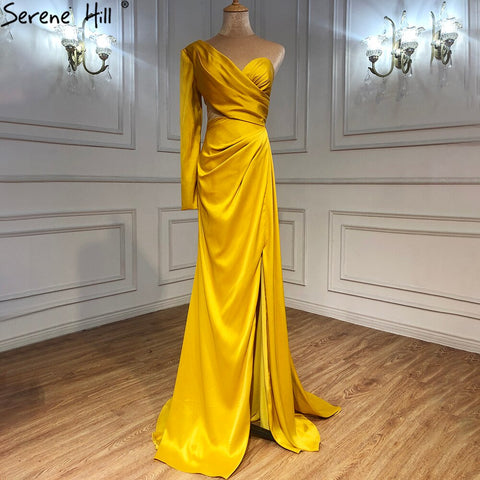 Vestido de noche blanco de un solo hombro, manga larga, satén, corte sirena, sencillo, sexy, formal, LA70327 