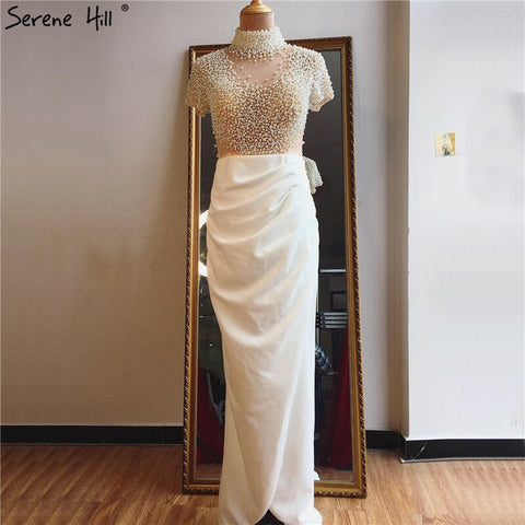 Vestidos de noche blancos de corte sirena, mangas cortas, diseño 2025, cuello alto, apliques de perlas, LA70207 