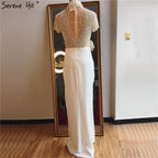 White Short Sleeves Mermaid Evening Dresses Design 2025 High Neck Pearls Beading Evening Gowns LA70207