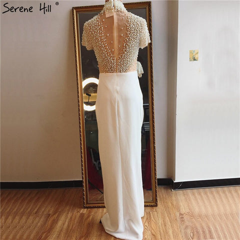 Vestidos de noche blancos de corte sirena, mangas cortas, diseño 2025, cuello alto, apliques de perlas, LA70207 