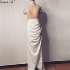 White Short Sleeves Mermaid Evening Dresses Design 2025 High Neck Pearls Beading Evening Gowns LA70207