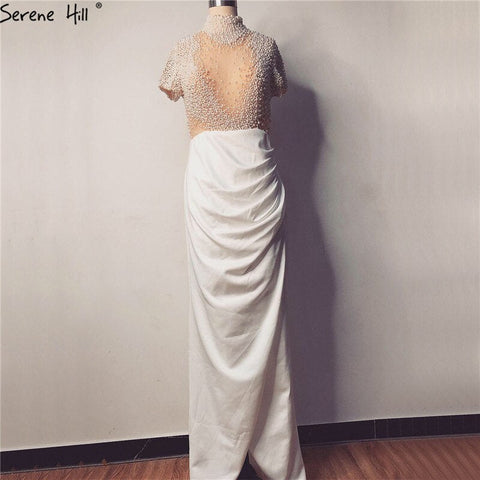 Vestidos de noche blancos de corte sirena, mangas cortas, diseño 2025, cuello alto, apliques de perlas, LA70207 