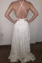 Baoleely White A-line Halter Sweep Train Lace Wedding Dresses, Wedding Gowns, MW725