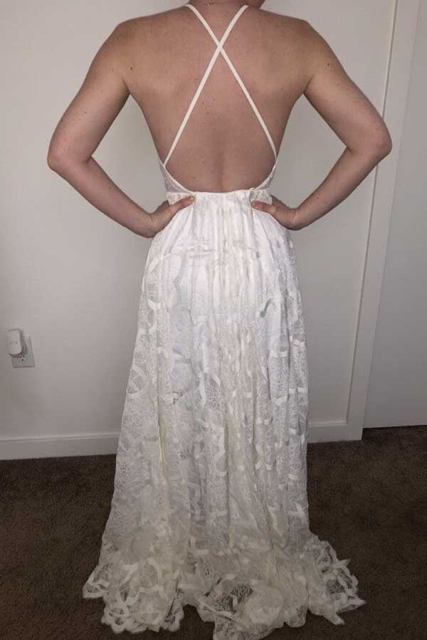 Baoleely White A-line Halter Sweep Train Lace Wedding Dresses, Wedding Gowns, MW725
