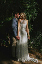 Baoleely White A-line Halter Sweep Train Lace Wedding Dresses, Wedding Gowns, MW725