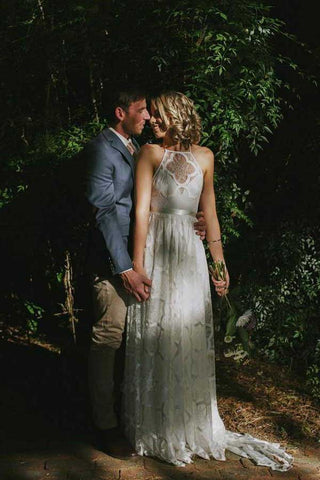 Baoleely White A-line Halter Sweep Train Lace Wedding Dresses, Wedding Gowns, MW725