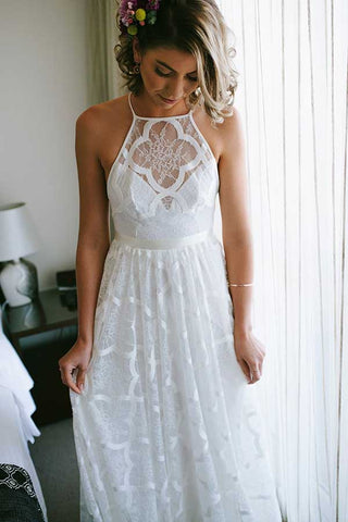 Baoleely White A-line Halter Sweep Train Lace Wedding Dresses, Wedding Gowns, MW725