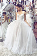Baoleely White A-line Sweetheart Spaghetti Straps Backless Lace Wedding Dresses, MW753