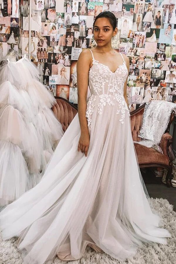 Baoleely White A-line Sweetheart Spaghetti Straps Backless Lace Wedding Dresses, MW753