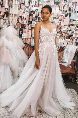 Vestido de novia Baoleely blanco, corte en A, escote corazón, tirantes finos, espalda descubierta, encaje, MW753