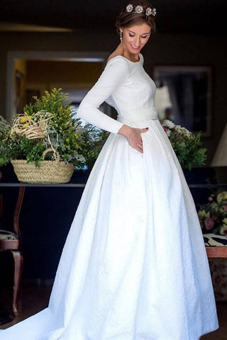 Baoleely White Ball Gown Long Sleeves Backless Wedding Dresses With Pocket, MW968