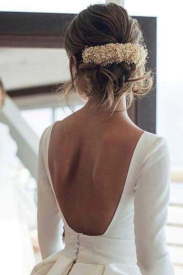 Baoleely White Ball Gown Long Sleeves Backless Wedding Dresses With Pocket, MW968
