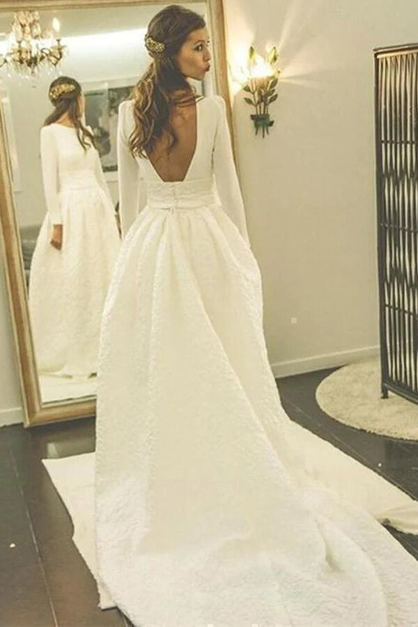 Baoleely White Ball Gown Long Sleeves Backless Wedding Dresses With Pocket, MW968