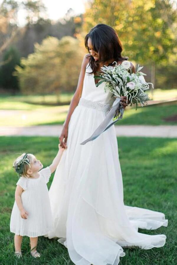 Baoleely White Chiffon A-line V-neck Beaded Wedding Dresses, Wedding Gowns, MW702