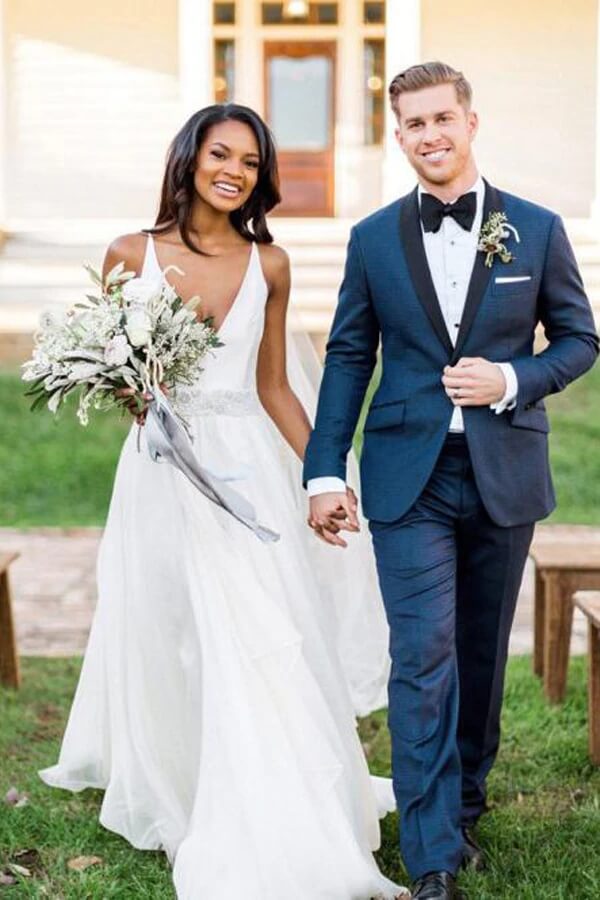 Baoleely White Chiffon A-line V-neck Beaded Wedding Dresses, Wedding Gowns, MW702