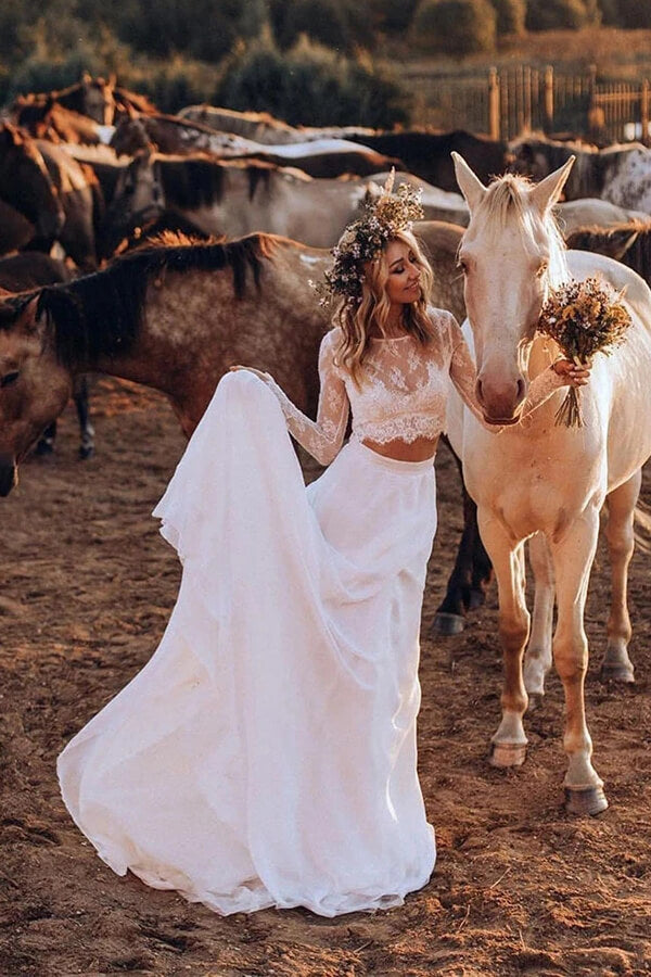 Baoleely White Chiffon Boho Two Pieces Long Sleeves Lace Wedding Dresses, MW564
