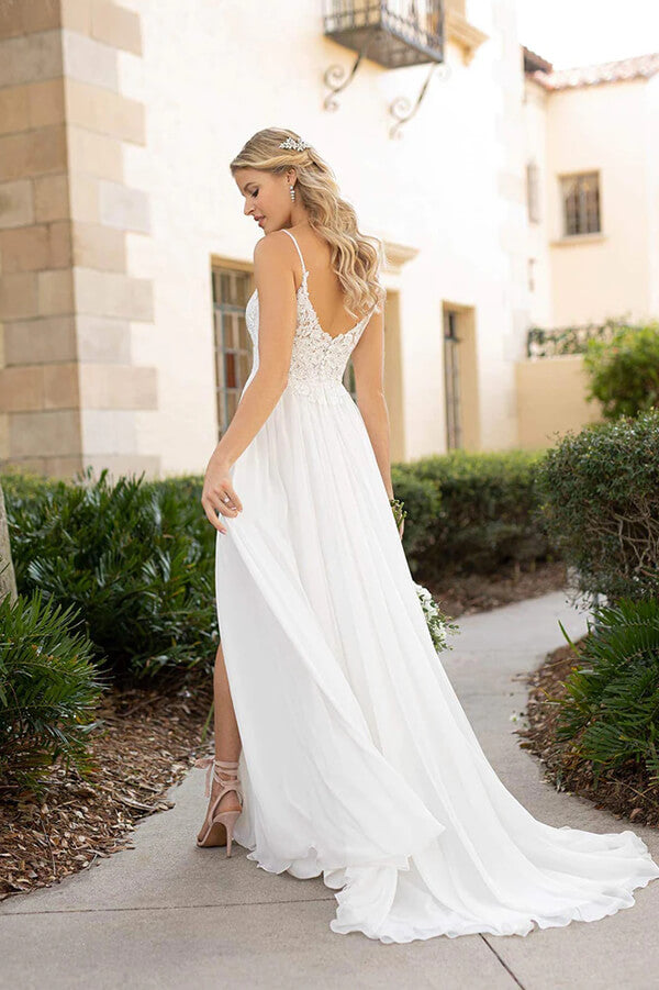 Baoleely White Chiffon Lace A-line Spaghetti Straps Flowy Beach Wedding Dresses, MW756