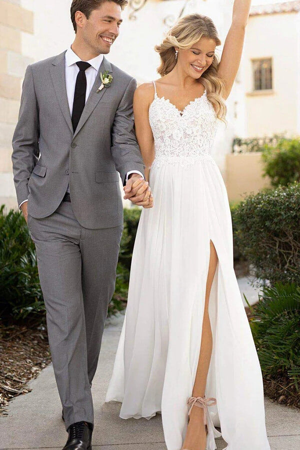 Baoleely White Chiffon Lace A-line Spaghetti Straps Flowy Beach Wedding Dresses, MW756