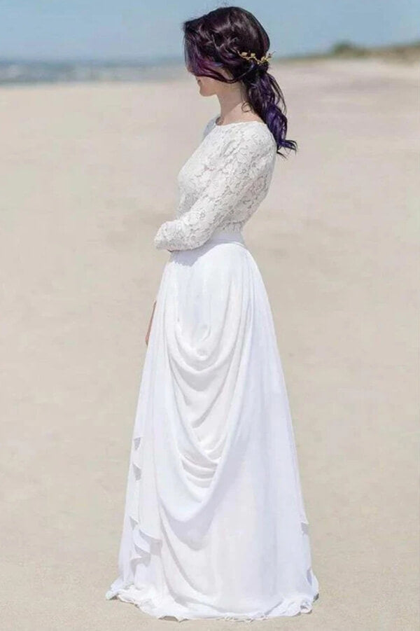Baoleely White Chiffon Lace Long Sleeves Floor Length Beach Wedding Dresses, MW836
