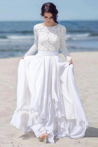 Baoleely White Chiffon Lace Long Sleeves Floor Length Beach Wedding Dresses, MW836