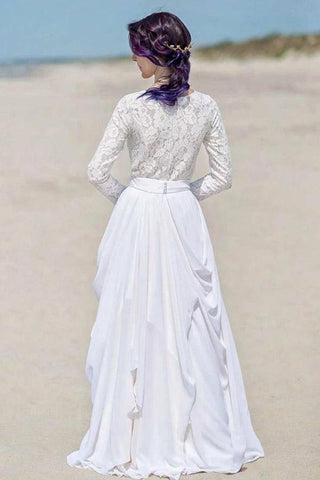 Baoleely White Chiffon Lace Long Sleeves Floor Length Beach Wedding Dresses, MW836
