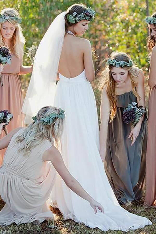 Baoleely White Lace Chiffon A-line Halter Neck Backless Wedding Dresses With Train, MW655