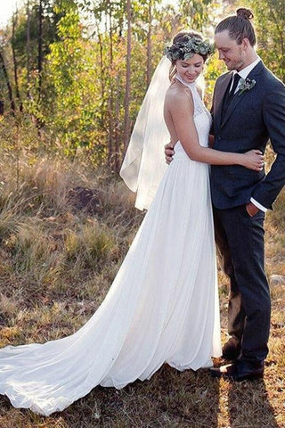 Baoleely White Lace Chiffon A-line Halter Neck Backless Wedding Dresses With Train, MW655