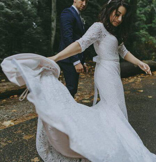 Baoleely White Lace Mermaid Half Sleeves V-neck Wedding Dresses, Bridal Gown, MW581