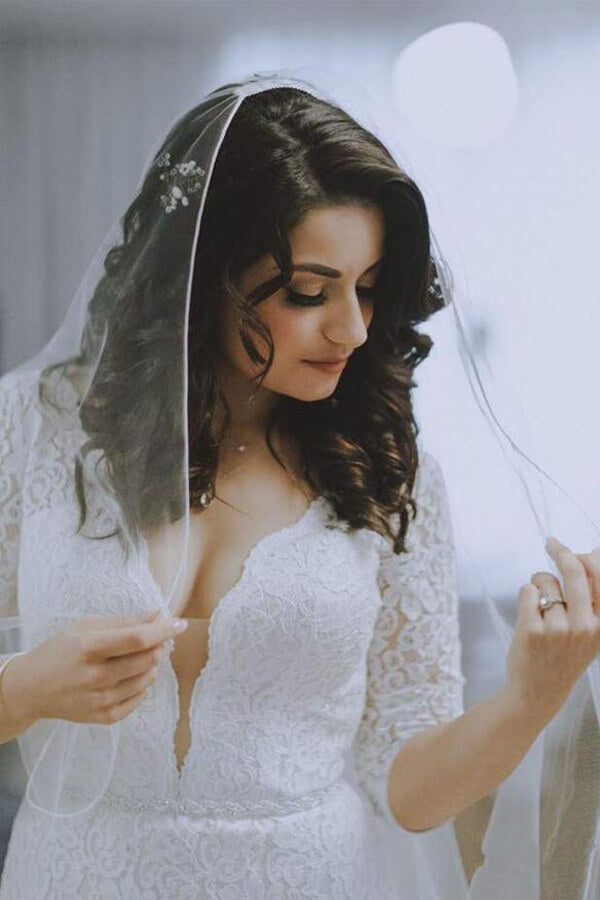 Baoleely White Lace Mermaid Half Sleeves V-neck Wedding Dresses, Bridal Gown, MW581