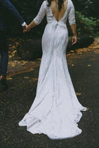 Baoleely White Lace Mermaid Half Sleeves V-neck Wedding Dresses, Bridal Gown, MW581