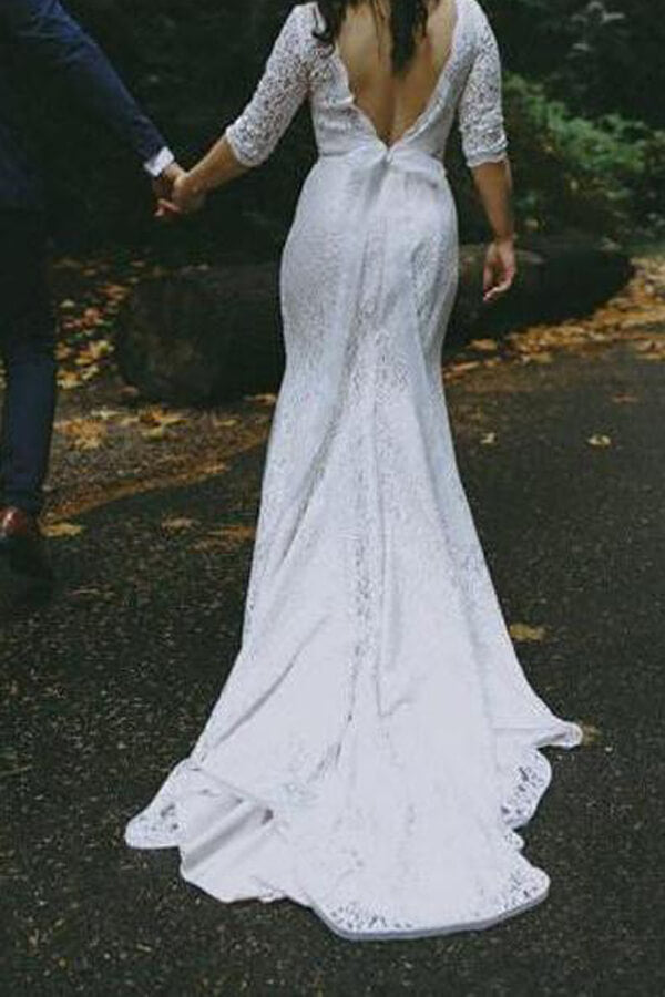 Baoleely White Lace Mermaid Half Sleeves V-neck Wedding Dresses, Bridal Gown, MW581