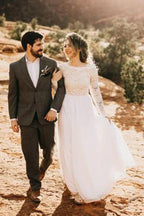 Baoleely White Lace Tulle Long Sleeves Beach Wedding Dresses, Bridal Dress, MW570
