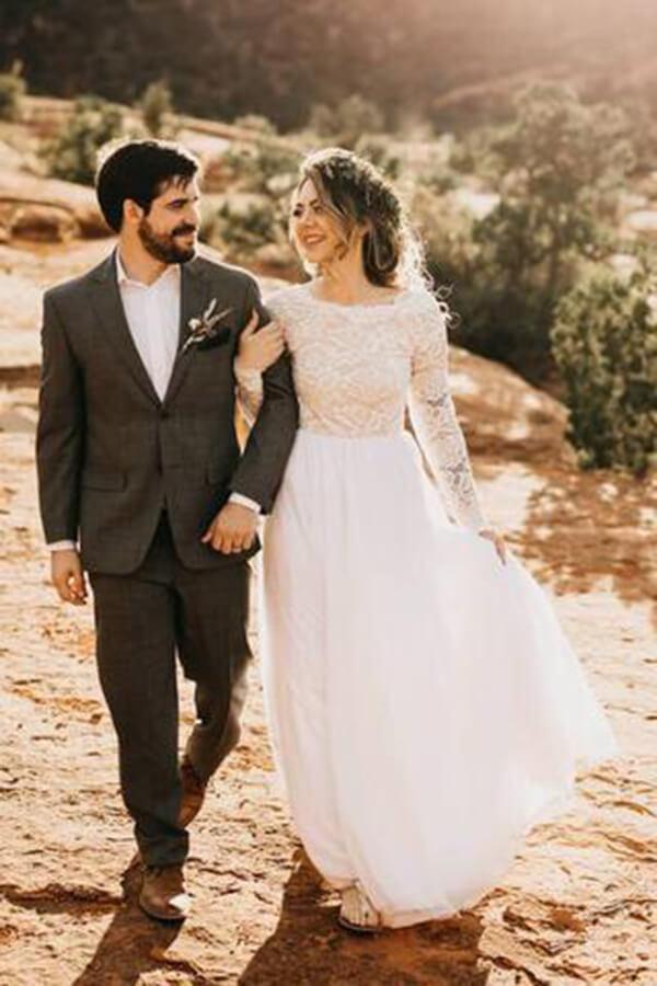 Baoleely White Lace Tulle Long Sleeves Beach Wedding Dresses, Bridal Dress, MW570