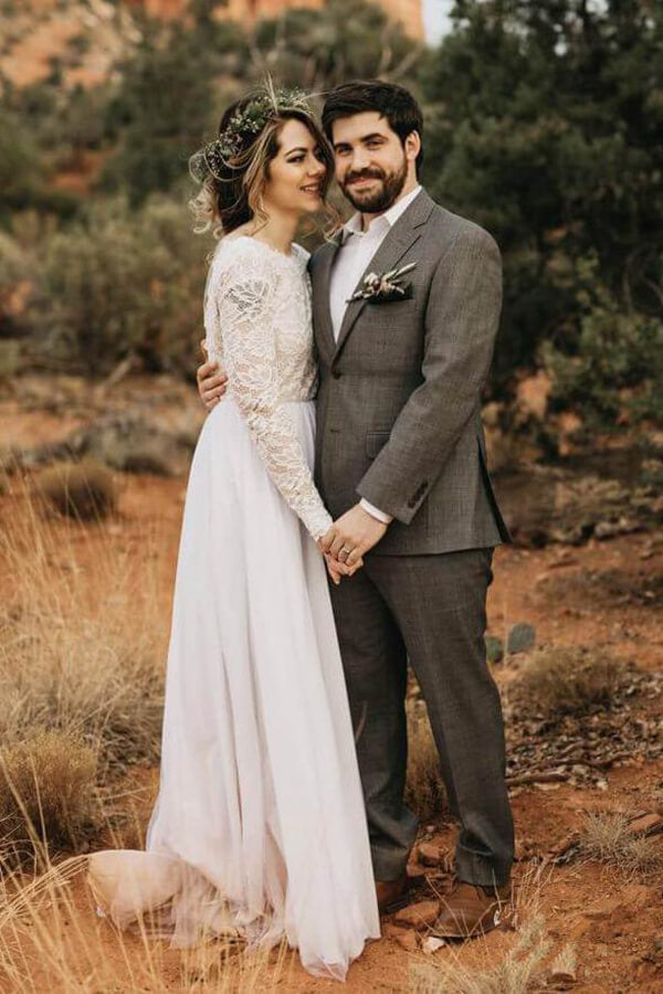 Baoleely White Lace Tulle Long Sleeves Beach Wedding Dresses, Bridal Dress, MW570