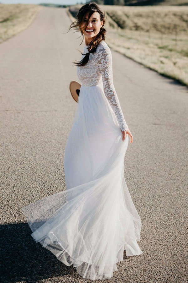 Baoleely White Lace Tulle Long Sleeves Beach Wedding Dresses, Bridal Dress, MW570