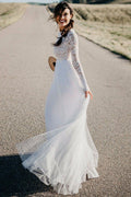 Baoleely White Lace Tulle Long Sleeves Beach Wedding Dresses, Bridal Dress, MW570