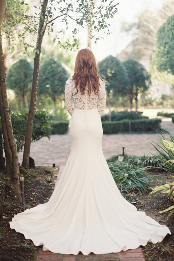 Baoleely White Mermaid Deep V-Neck Long Sleeve Lace Wedding Dresses, MW195