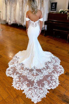 Baoleely White Mermaid Satin Lace Off Shoulder Wedding Dresses With Train, MW868