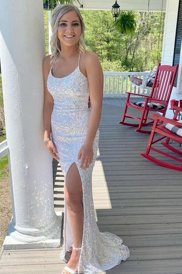 Robe de bal sirène à sequins dos nu fendue, robe longue de soirée