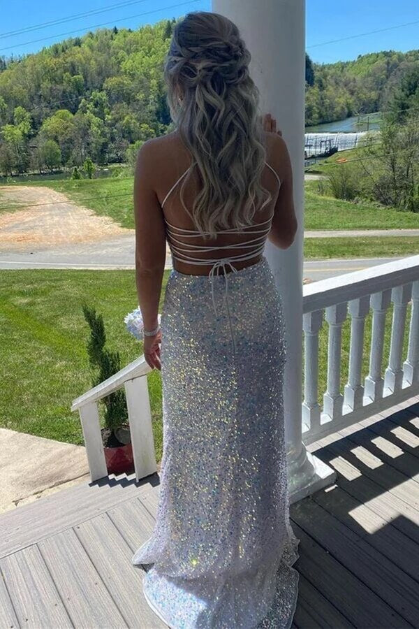 Robe de bal sirène à sequins dos nu fendue, robe longue de soirée