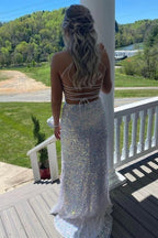 Robe de bal sirène à sequins dos nu fendue, robe longue de soirée