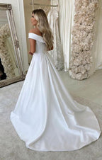 Baoleely White Satin A-line V-neck Sweep Train Wedding Dresses, Bridal Dress, MW695
