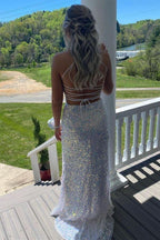 Robe de bal longue à paillettes dos nu sirène